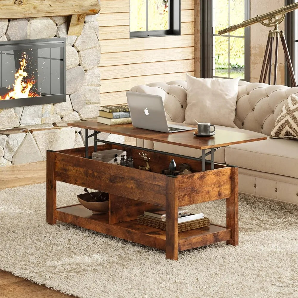 Lift Top Coffee Table with Hidden Compartment and 2 Storage Shelves