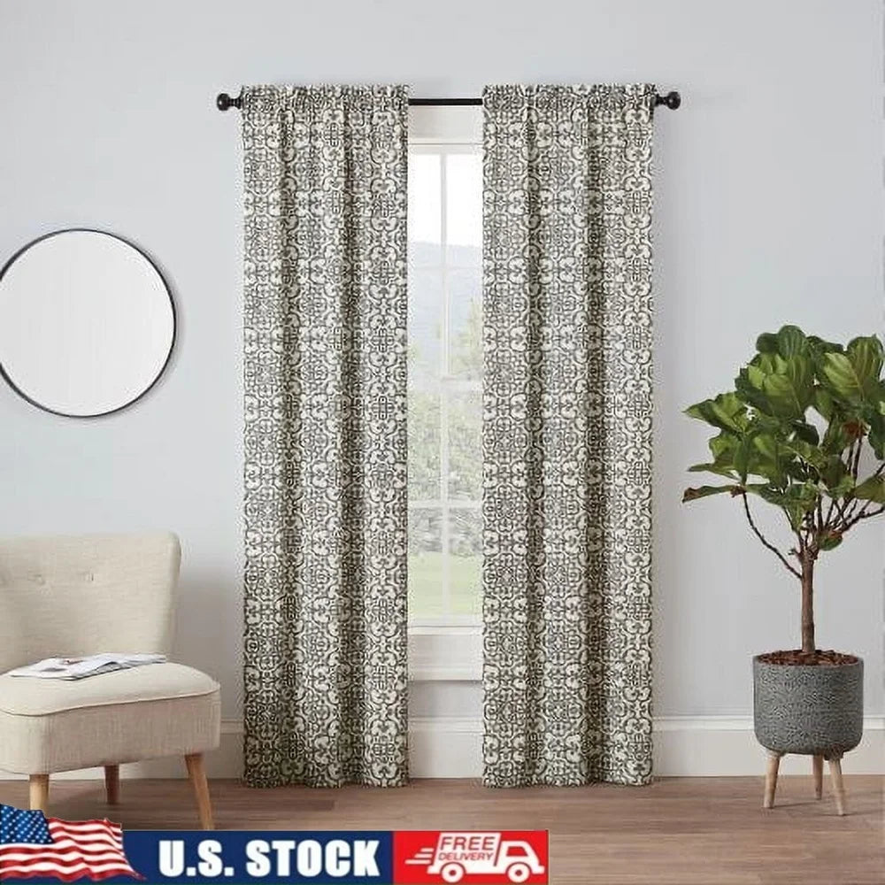 Window Curtains Rod Pocket Semi Sheer Medallion Print 2-Pack