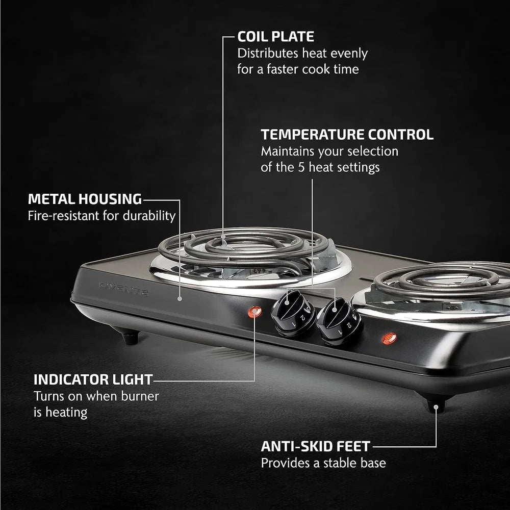 1700W Electric Double Burner Cooktop with Stainless Steel Coil Hot Plates