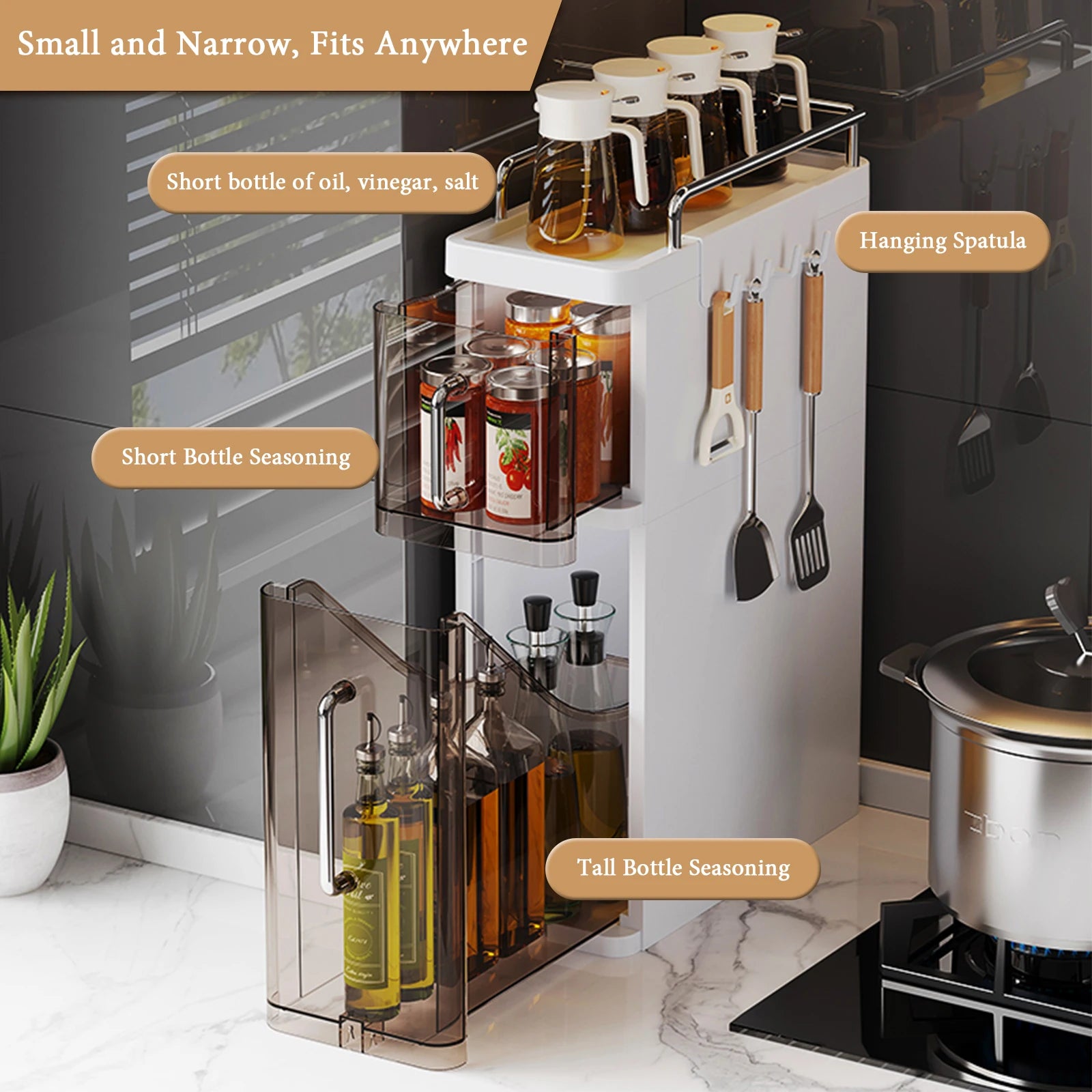 Pull-Out Kitchen Spice Rack Narrow Countertop Organizer