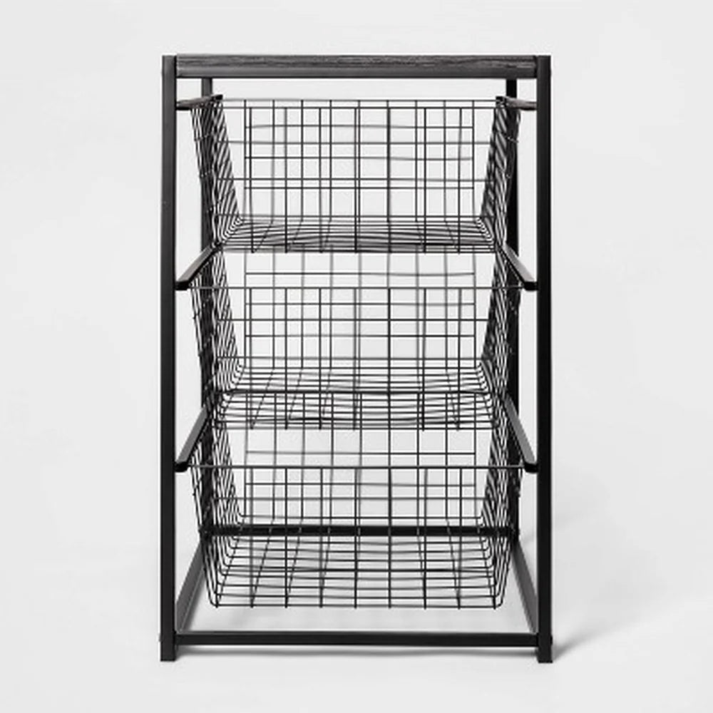 3 Drawer Metal Organizer with Wood Top Decorative Storage Unit