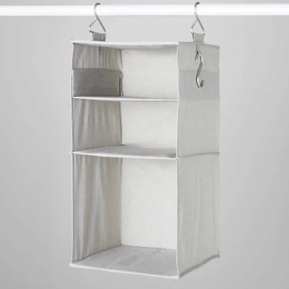 Hanging Fabric Storage Organizer with 3 Shelves Accessory Hooks