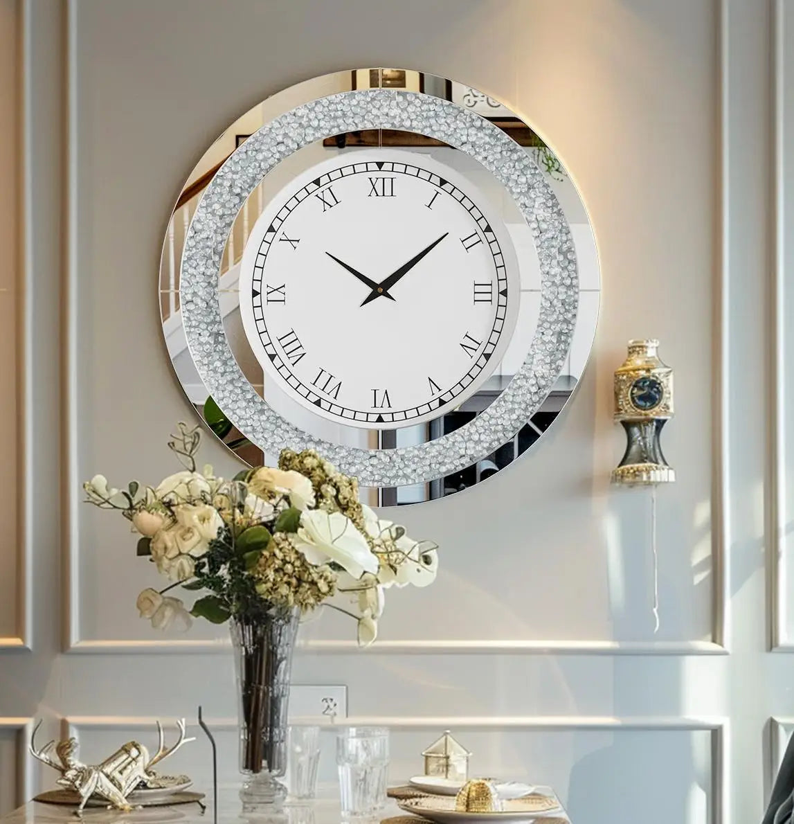 Bling Silver Round Mirror Clock Glam Sparkle Twinkle Shining