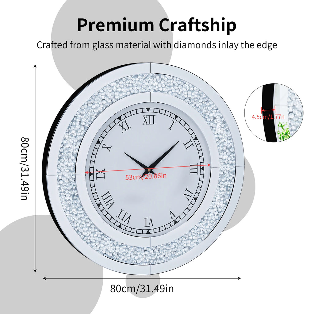 Bling Silver Round Mirror Clock Glam Sparkle Twinkle Shining