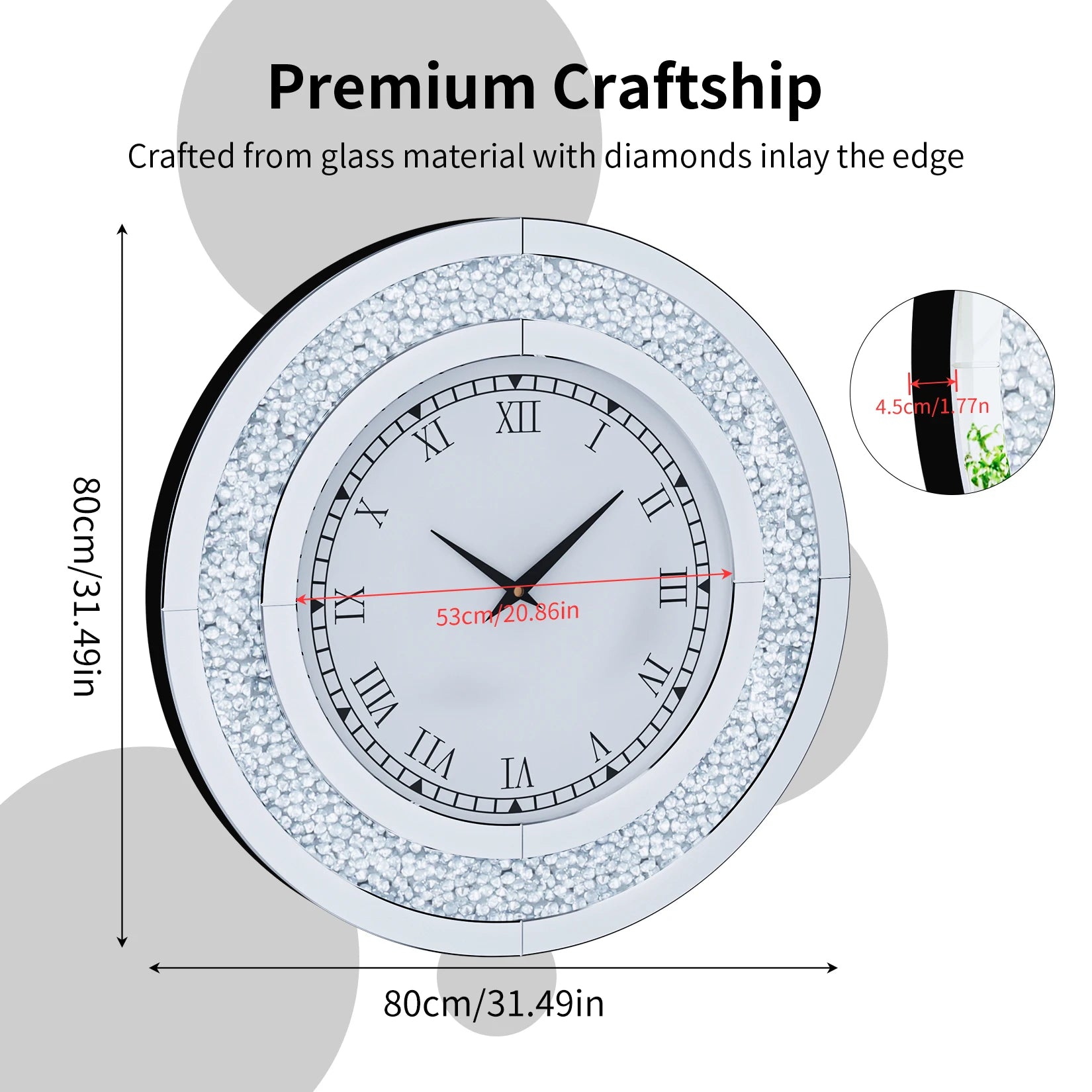 Bling Silver Round Mirror Clock Glam Sparkle Twinkle Shining