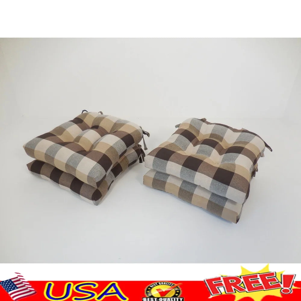 Set of 4 Buffalo Check Chair Cushions Soft Polyester Fiber Ties Indoor