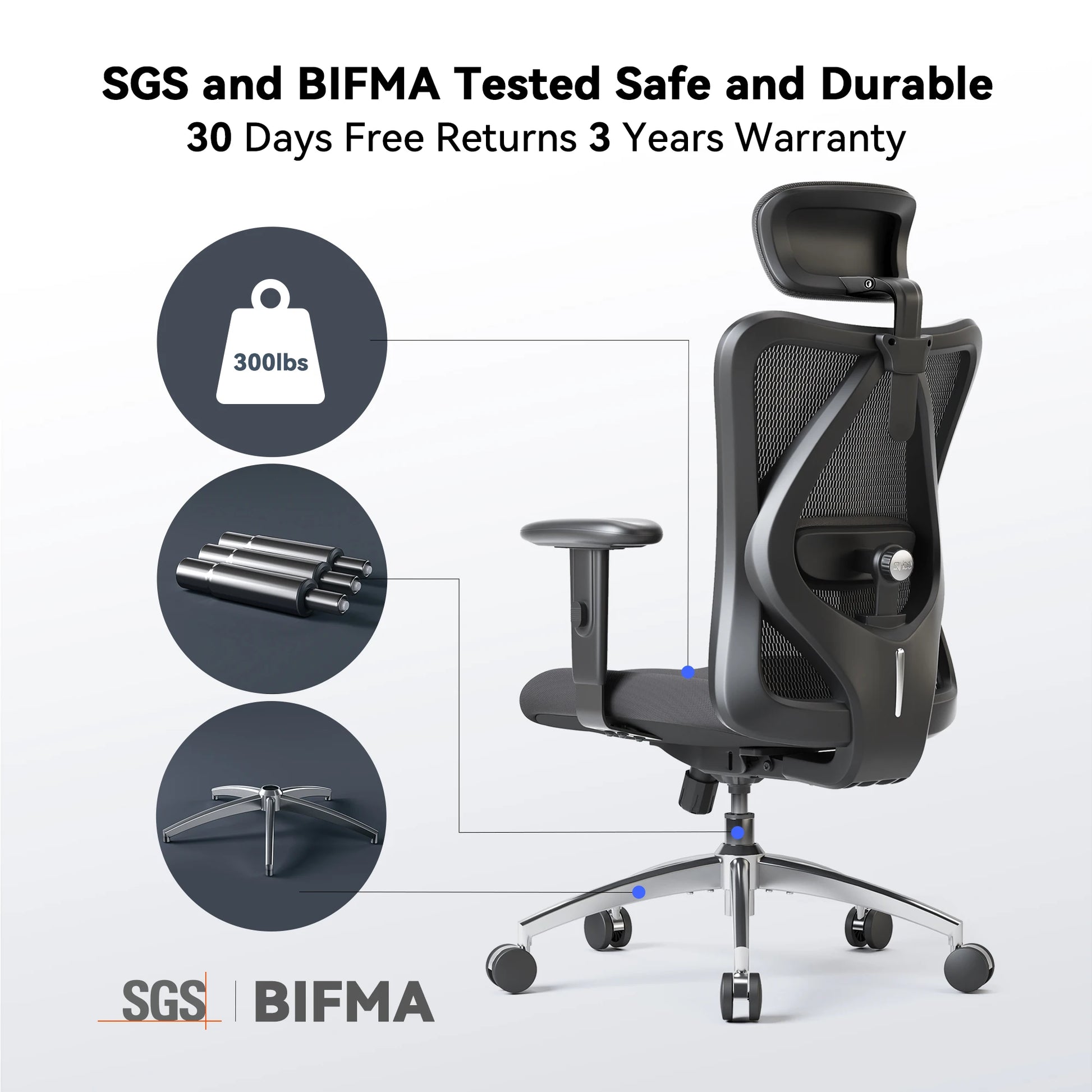Ergonomic Office Chair Adjustable Headrest 2D Armrests Lumbar Support