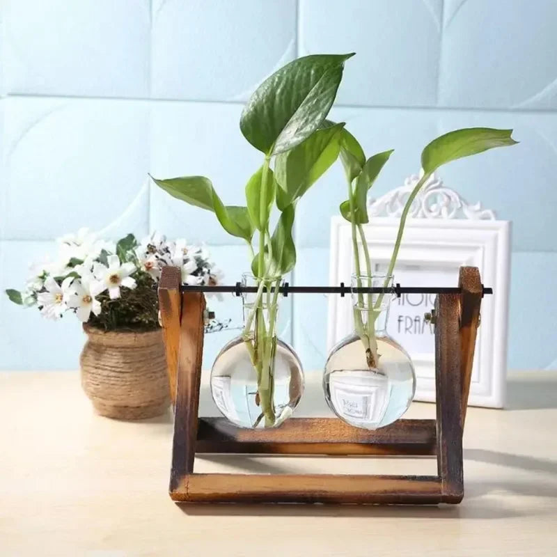 Glass Vase Vintage Bonsai Flower Pot Terrarium Tabletop Tray Wooden Frame