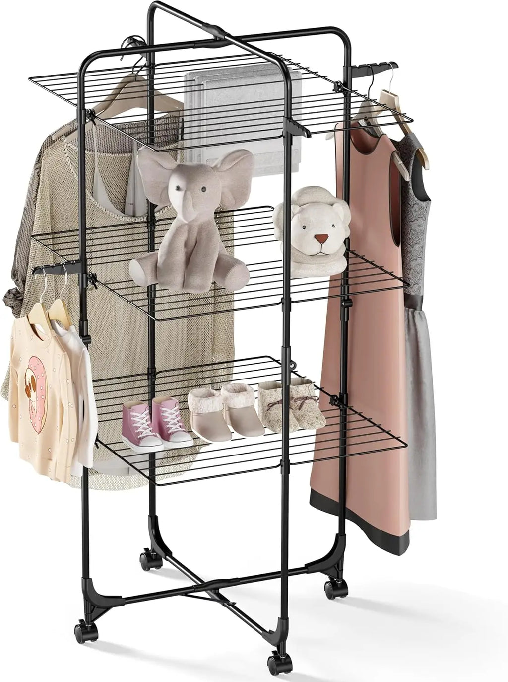Clothes Drying Rack with Wheels and 4 Hooks Indoor-Outdoor Use