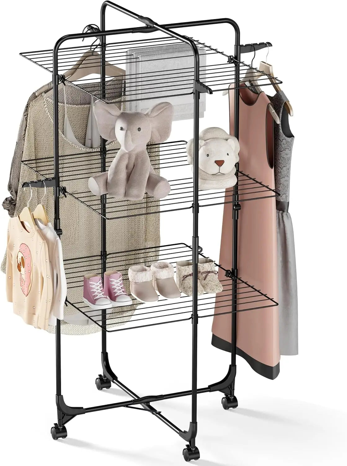 Clothes Drying Rack with Wheels and 4 Hooks Indoor-Outdoor Use