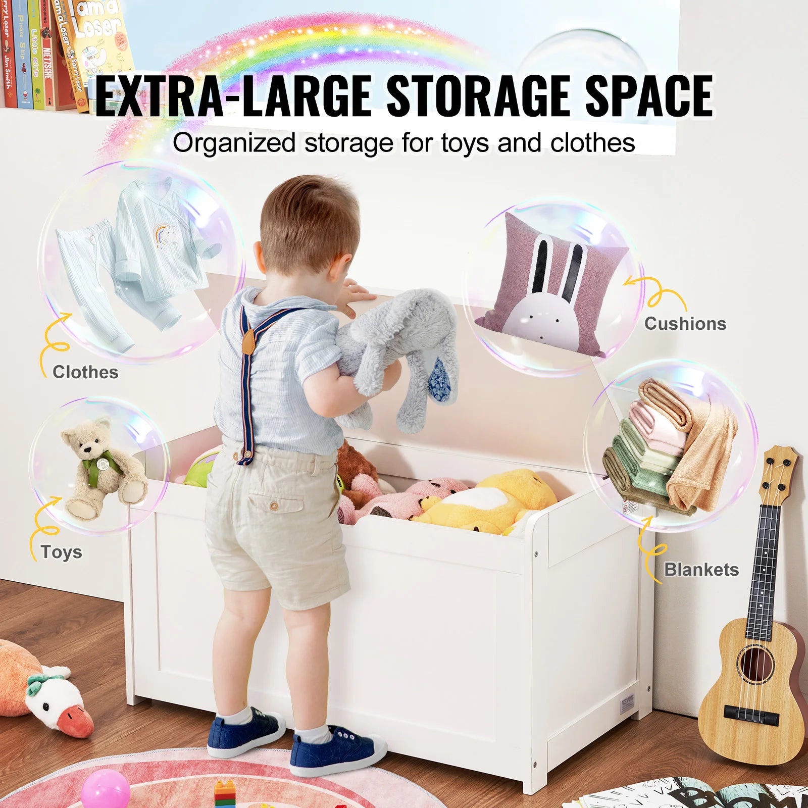 Wooden Toy Chest for Kids Toddler Storage Box with Flip-Top Lid