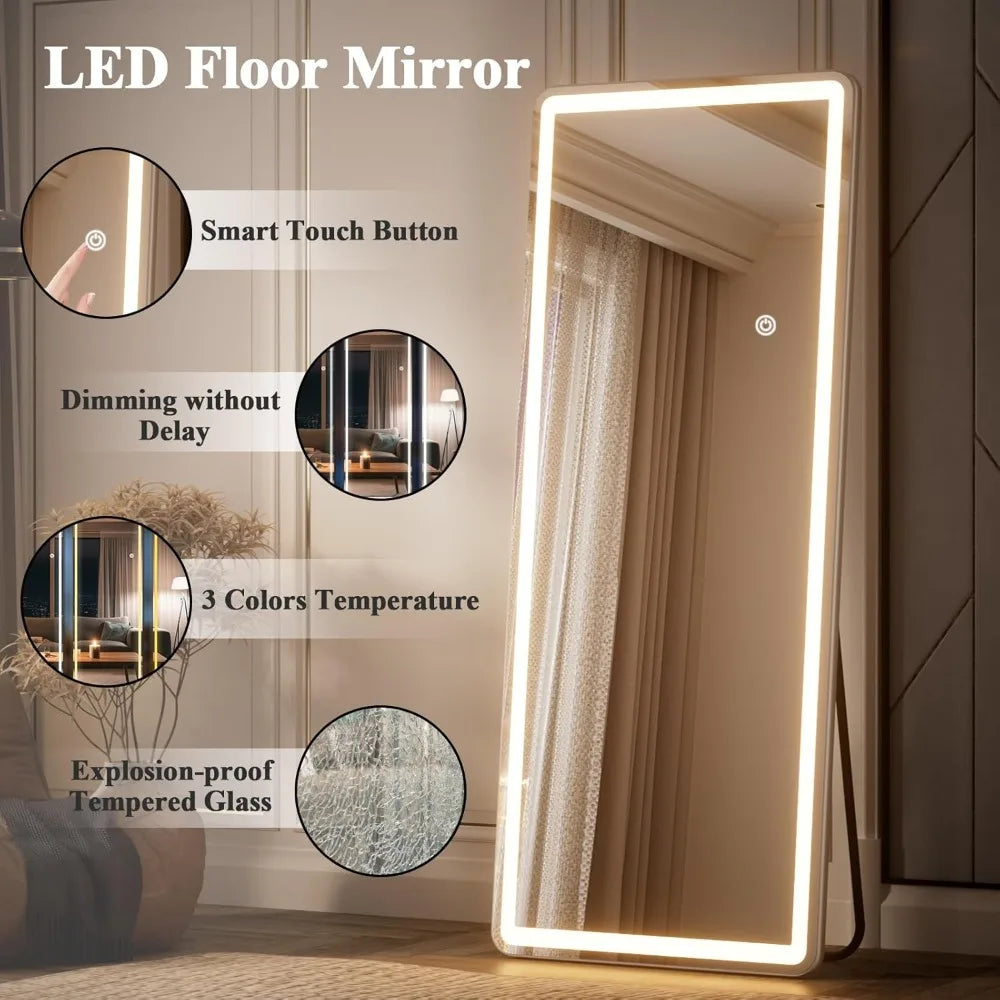 LED full-length mirror with rounded corners,  floor standing, tri color lighting, white