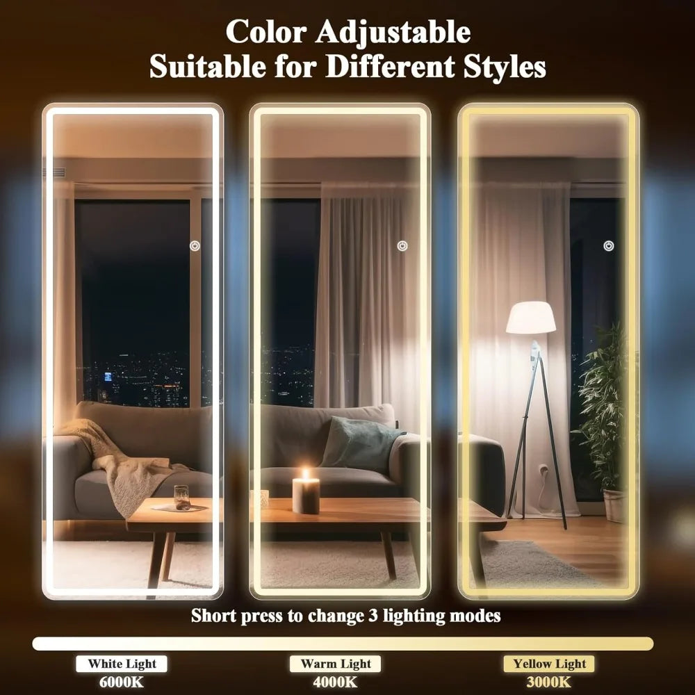 LED full-length mirror with rounded corners,  floor standing, tri color lighting, white