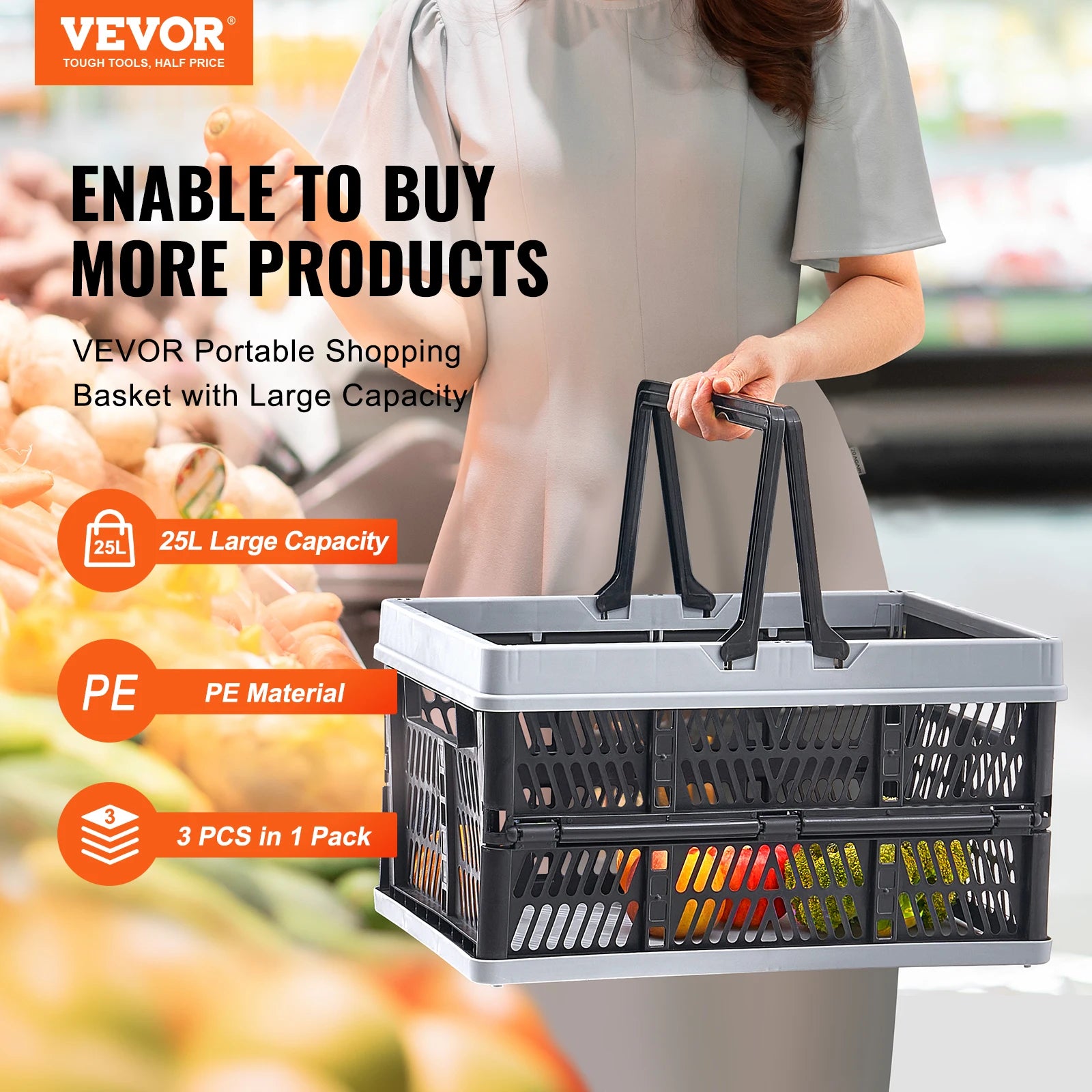 3pcs Foldable Storage Basket Collapsible Shopping Crate with Handle