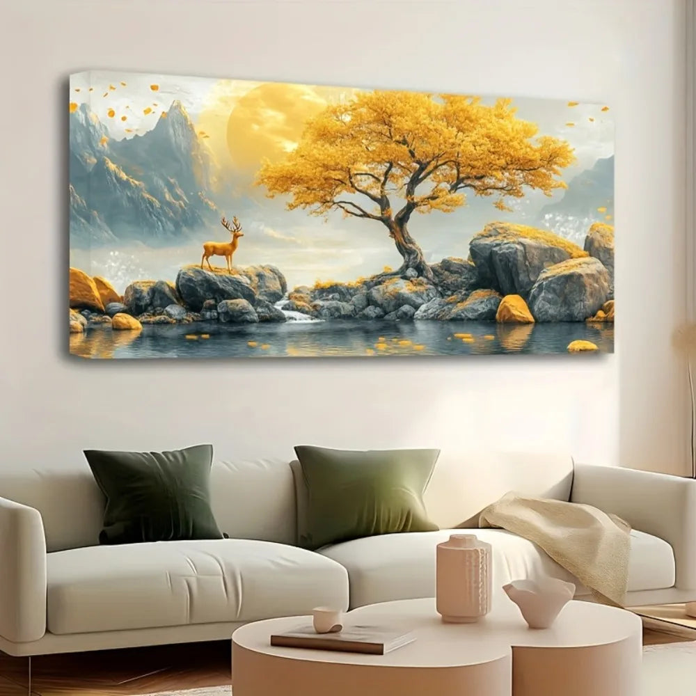 thick,thick pine solid wood frame abstract yellow tree stone painting