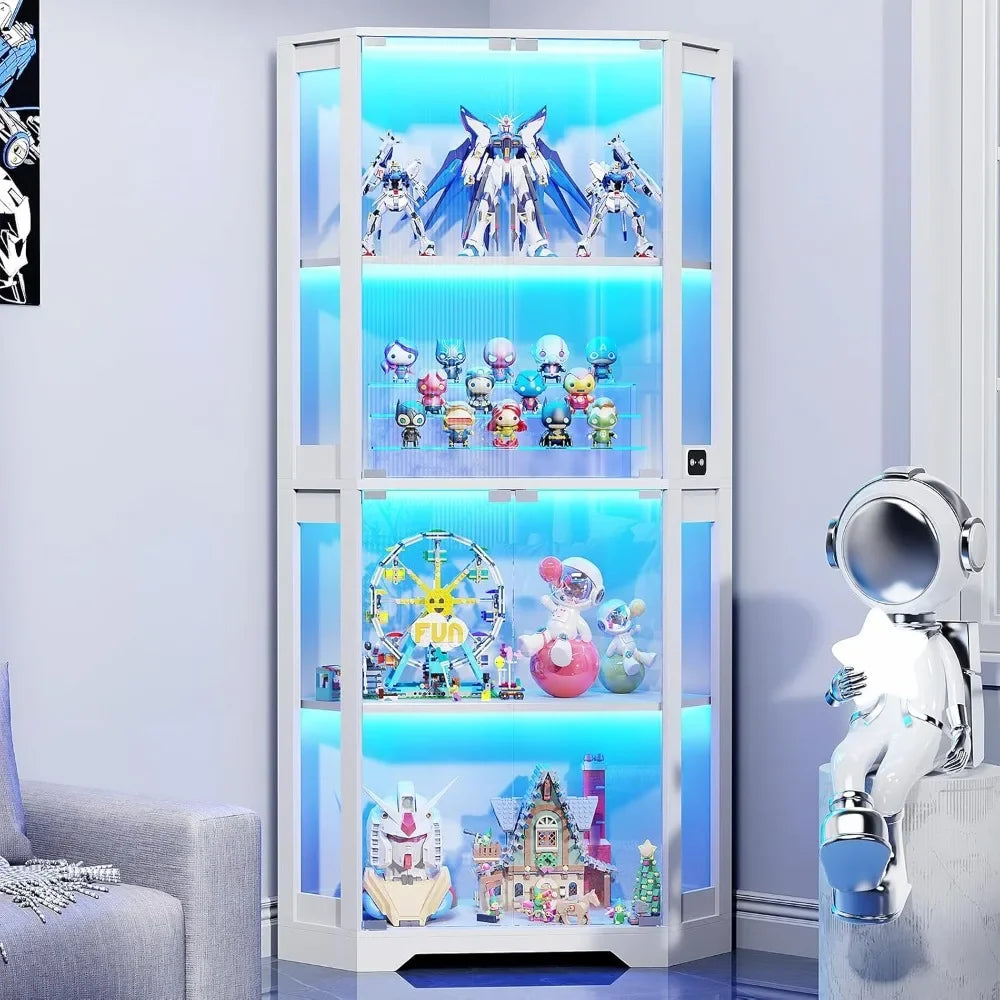 Corner Display Cabinet with Glass Doors, Lighted Curio for Collectibles,