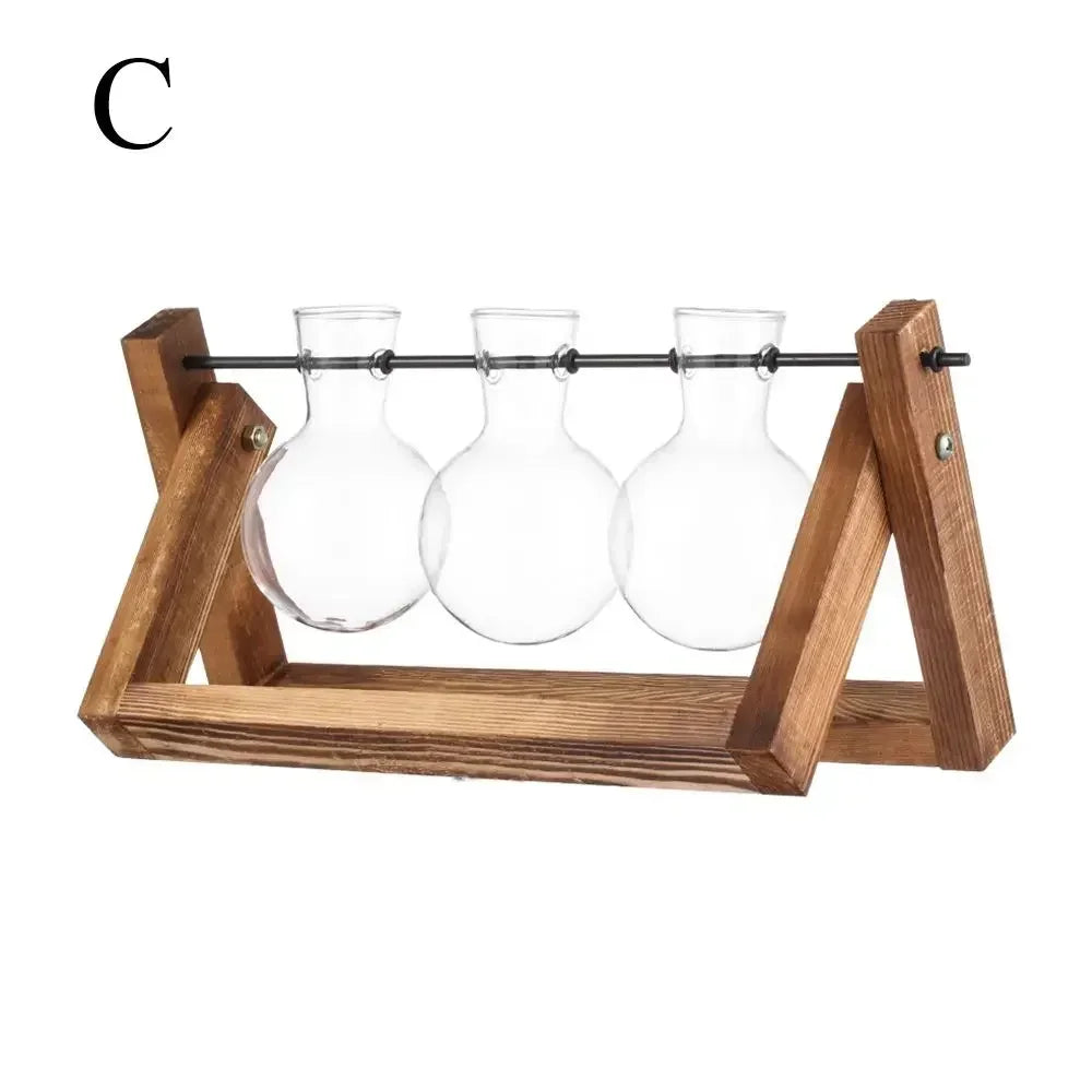 Glass Vase Vintage Bonsai Flower Pot Terrarium Tabletop Tray Wooden Frame