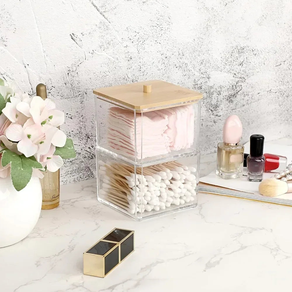 Clear stackable paper clip holder Bamboo cover 2-layer paper clip box