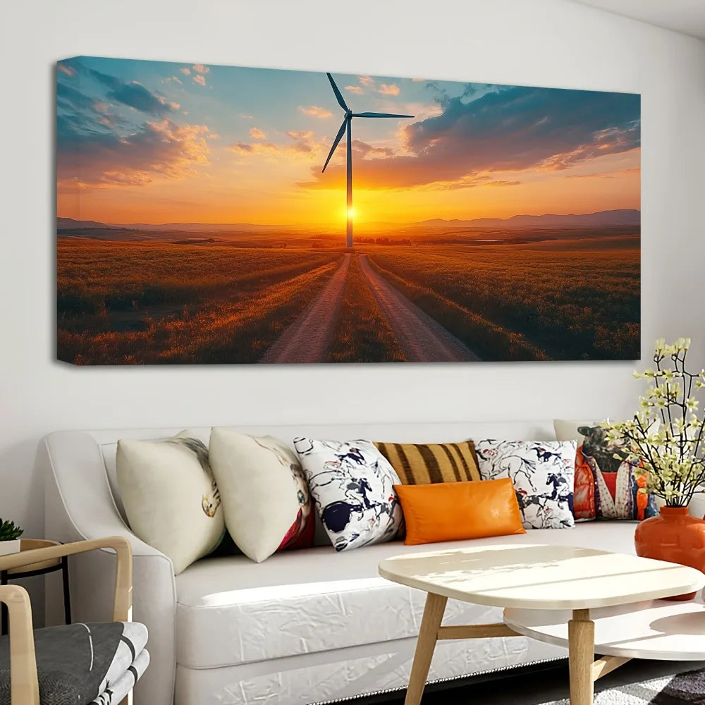 thick pine frame, sunrise wind turbine road, canvas wall art
