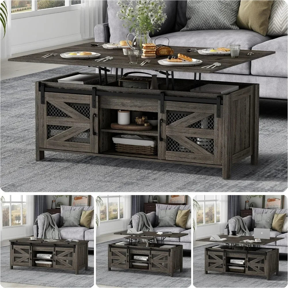 4 in 1 Farmhouse Coffee Table with Sliding Barn Doors