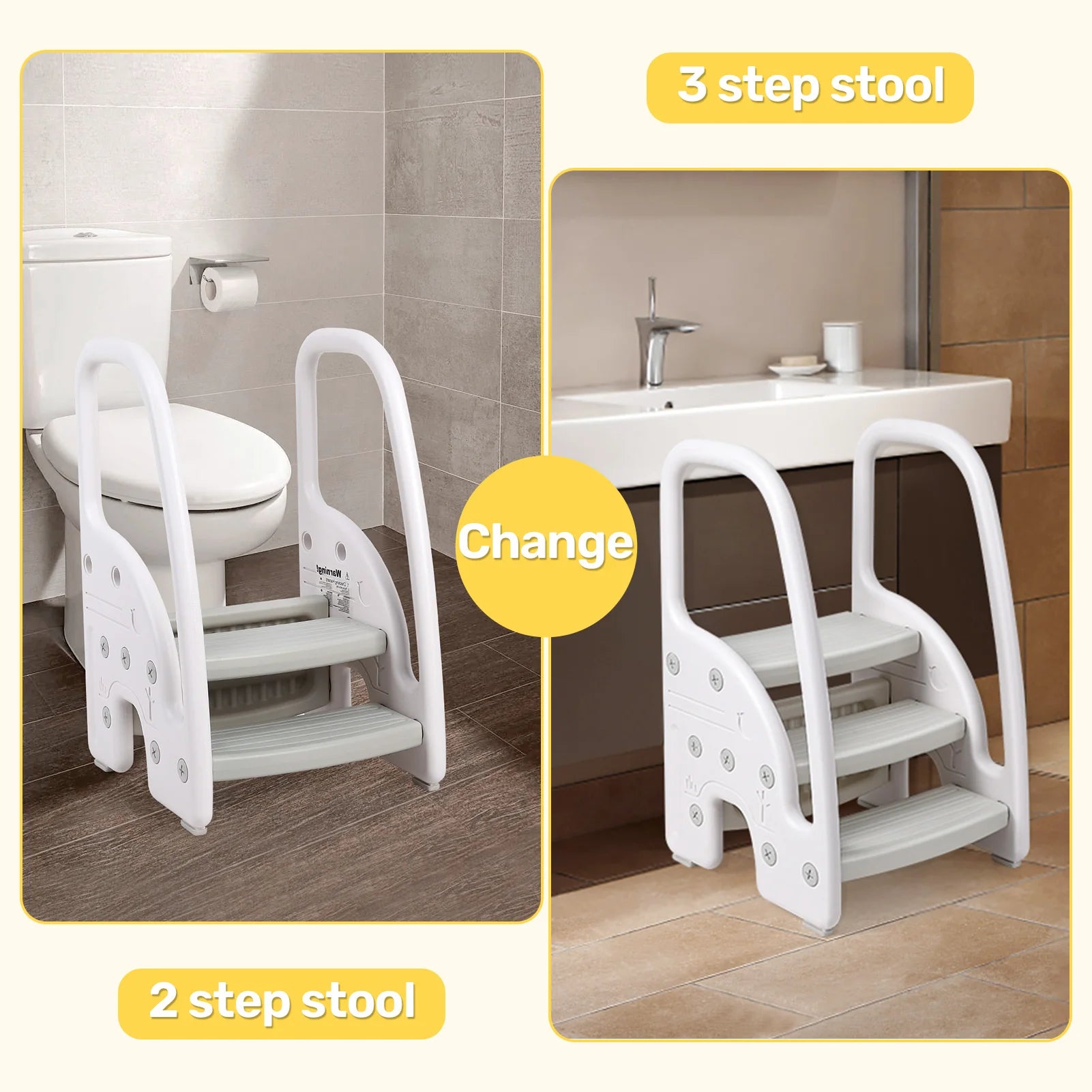 Plastic 3 Step Stool for Bathroom Sink or Kitchen Counter With Handles