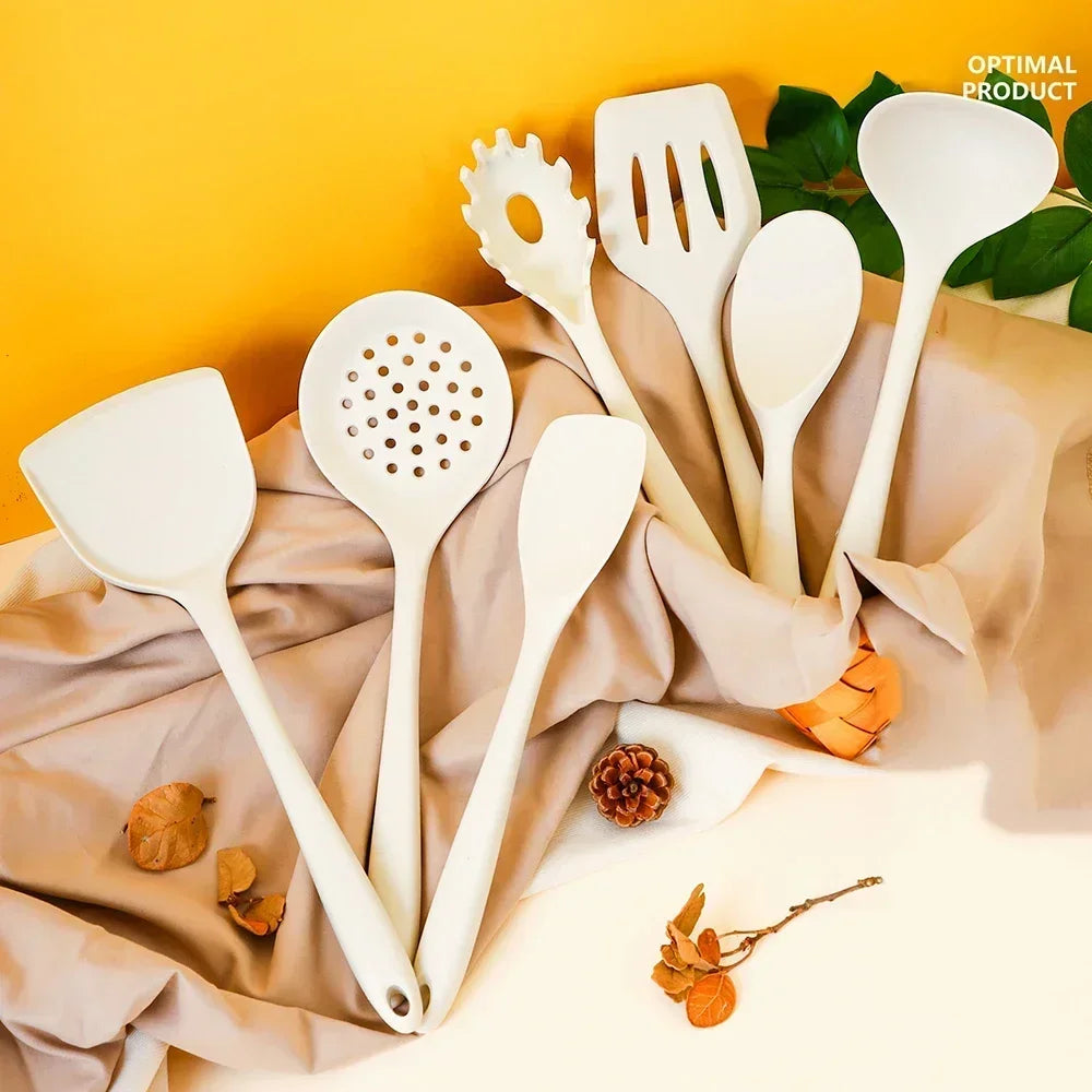 7Pcs Beige White Silicone Kitchenware Cooking Utensils