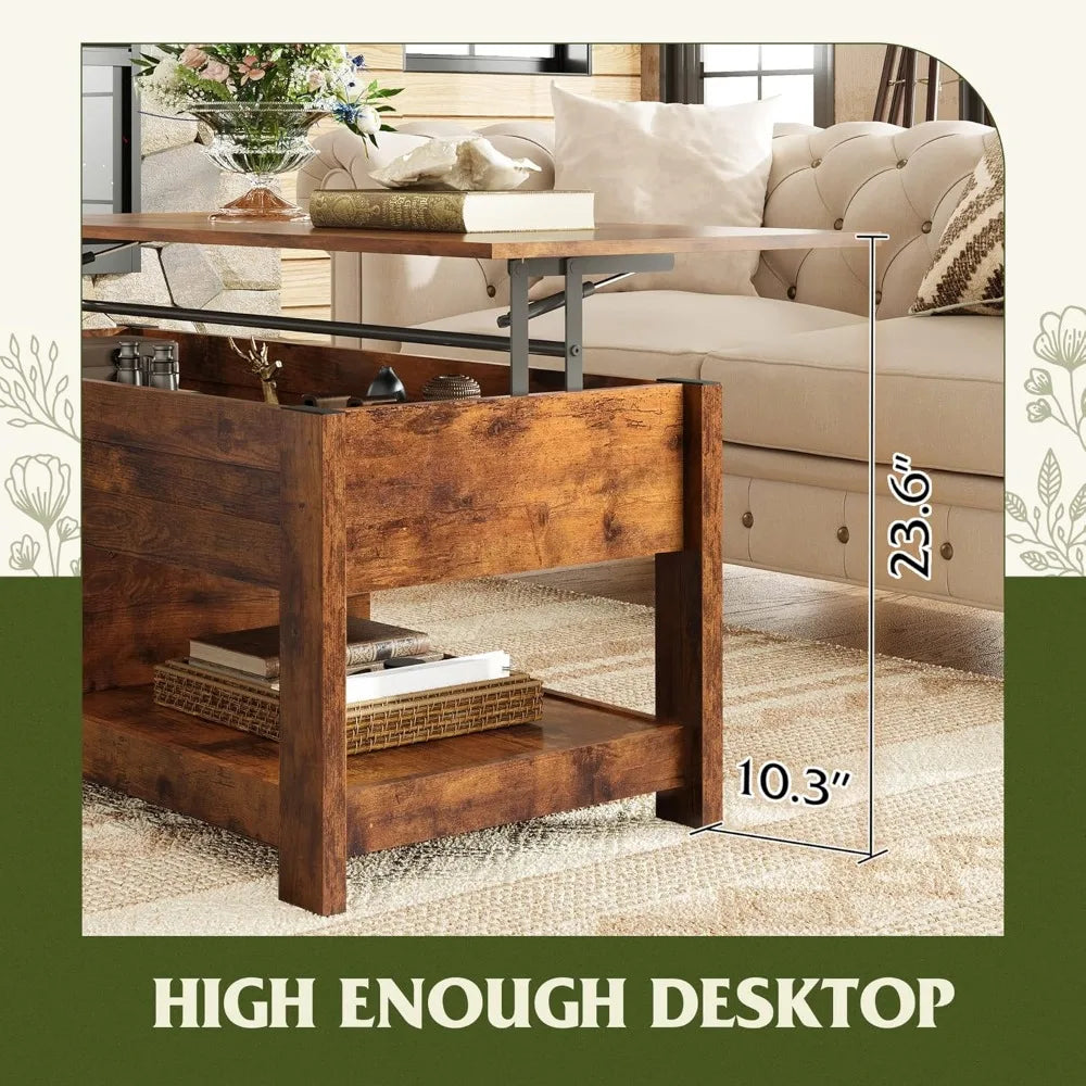 Lift Top Coffee Table with Hidden Compartment and 2 Storage Shelves