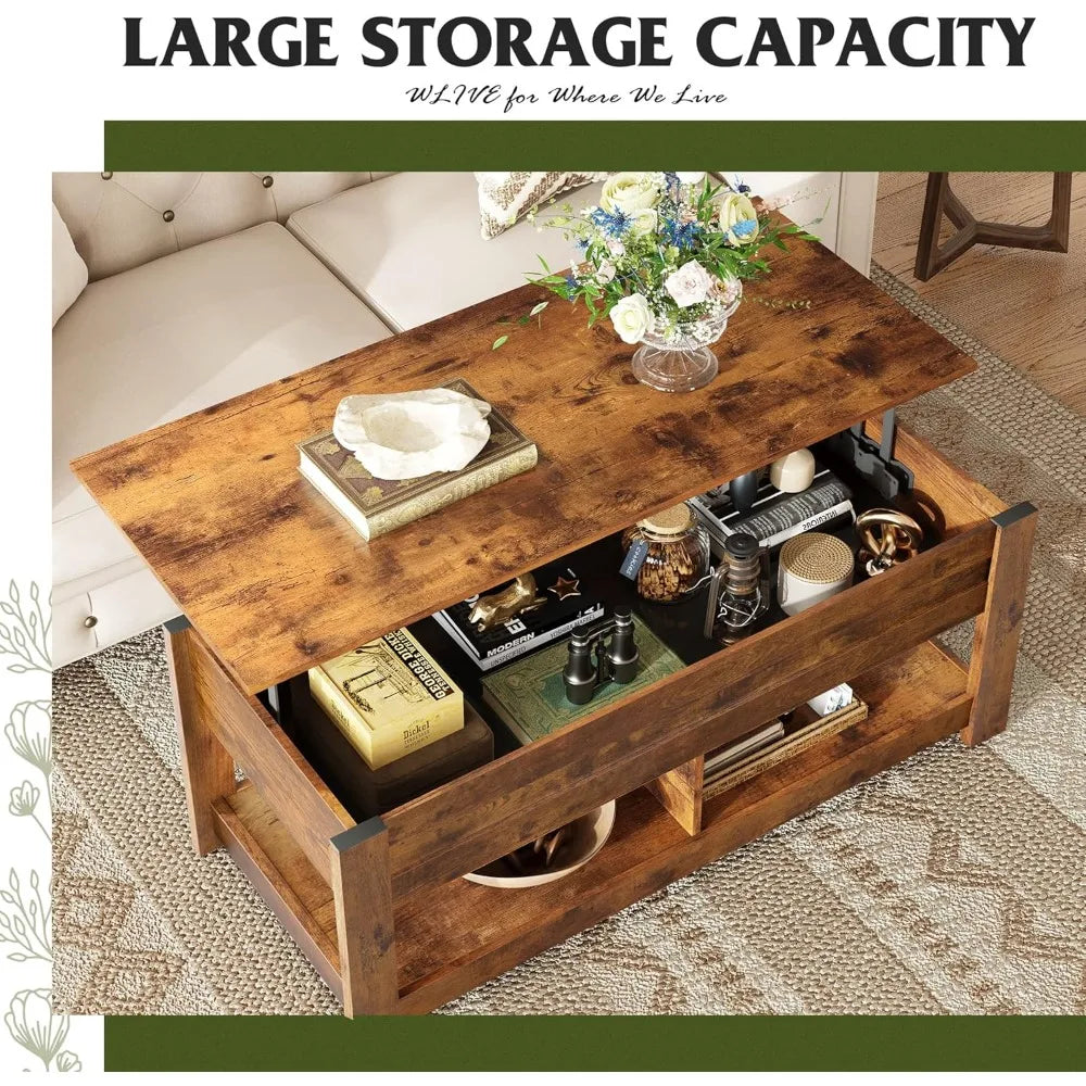Lift Top Coffee Table with Hidden Compartment and 2 Storage Shelves