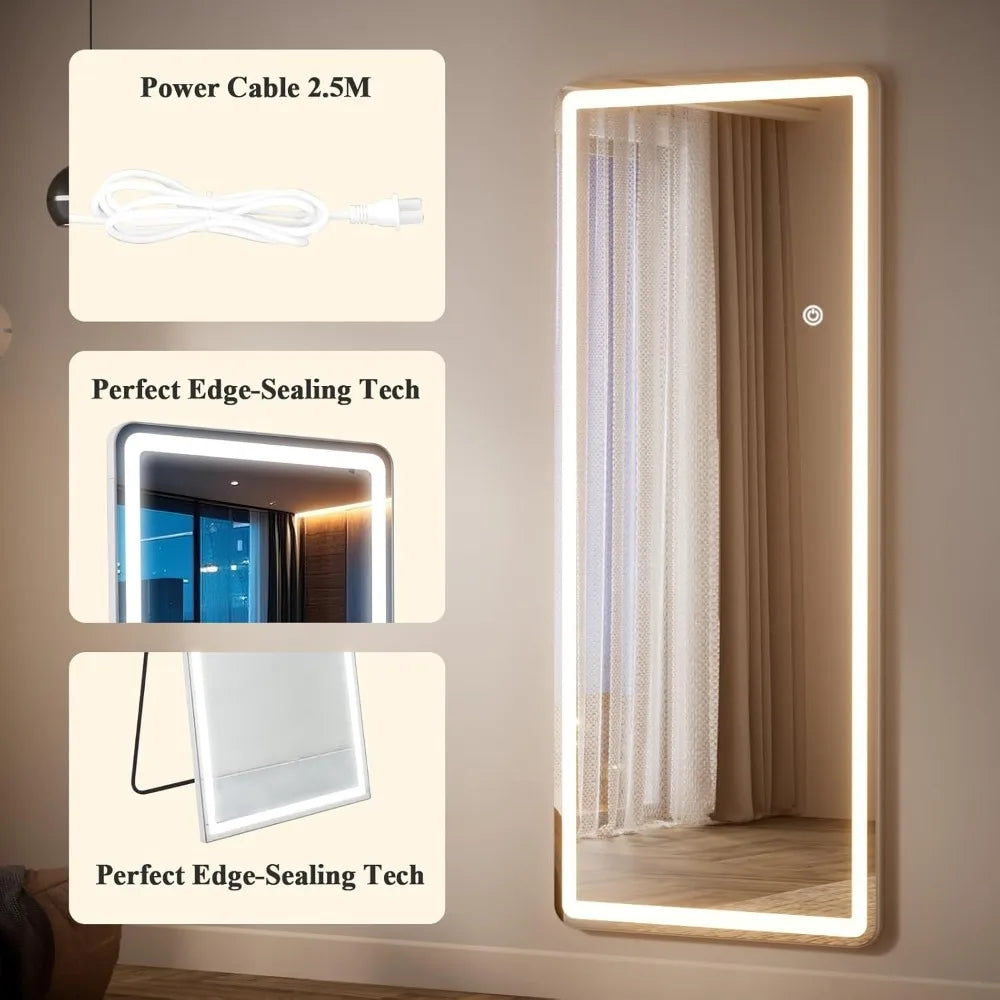LED full-length mirror with rounded corners,  floor standing, tri color lighting, white