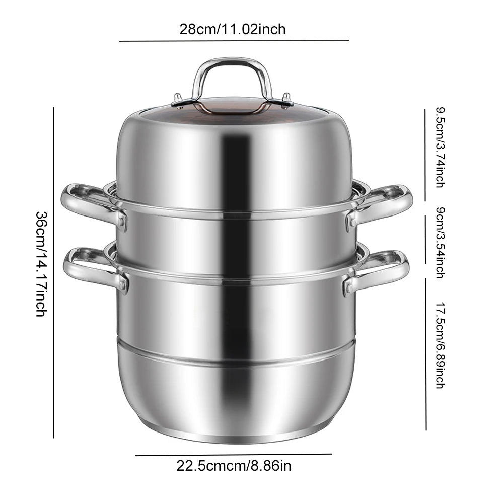 11inch 3 Tier Stainless Steel with Lid&Handle Steamer Pot od