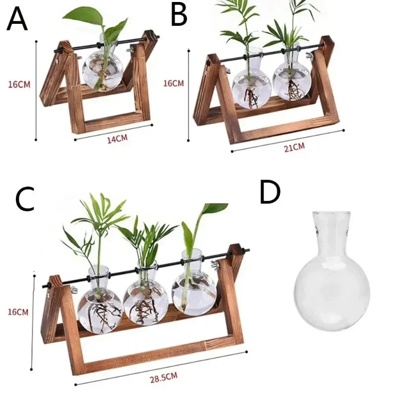 Glass Vase Vintage Bonsai Flower Pot Terrarium Tabletop Tray Wooden Frame