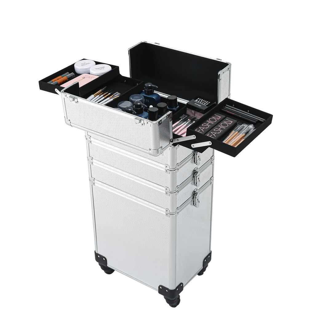 4-in-1 Draw-bar Style Interchangeable Aluminum Rolling Makeup Case