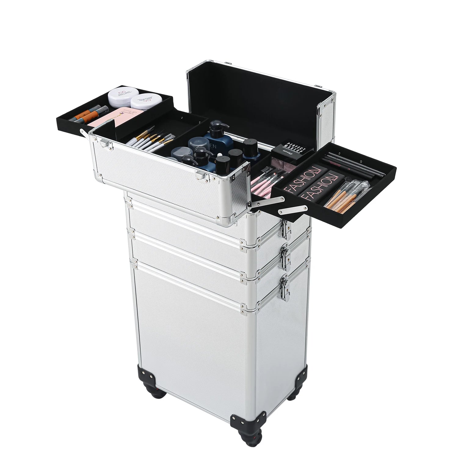 4-in-1 Draw-bar Style Interchangeable Aluminum Rolling Makeup Case