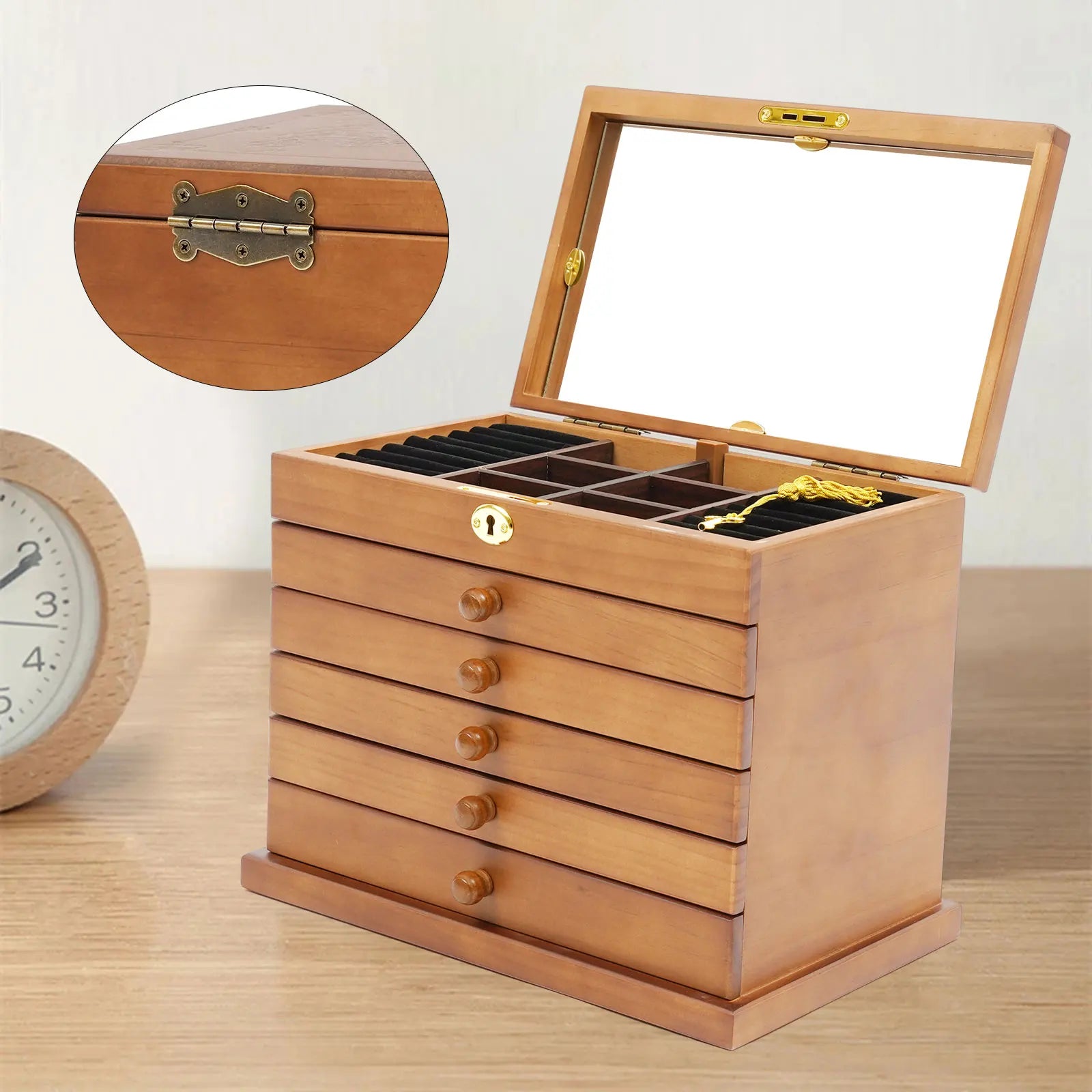 6 Tiers Wooden Jewelry Storage Box Organizer with Mirror and Lock