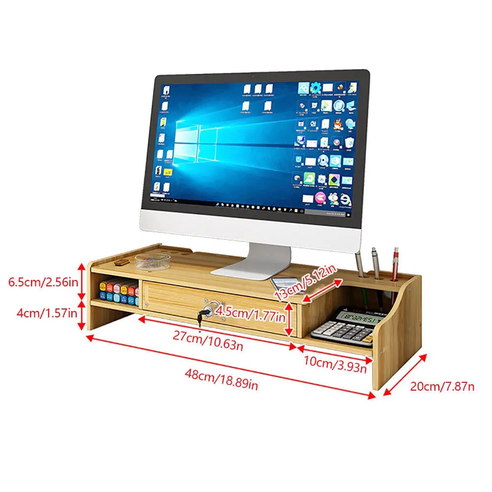 Wood Monitor Riser with Drawer Computer