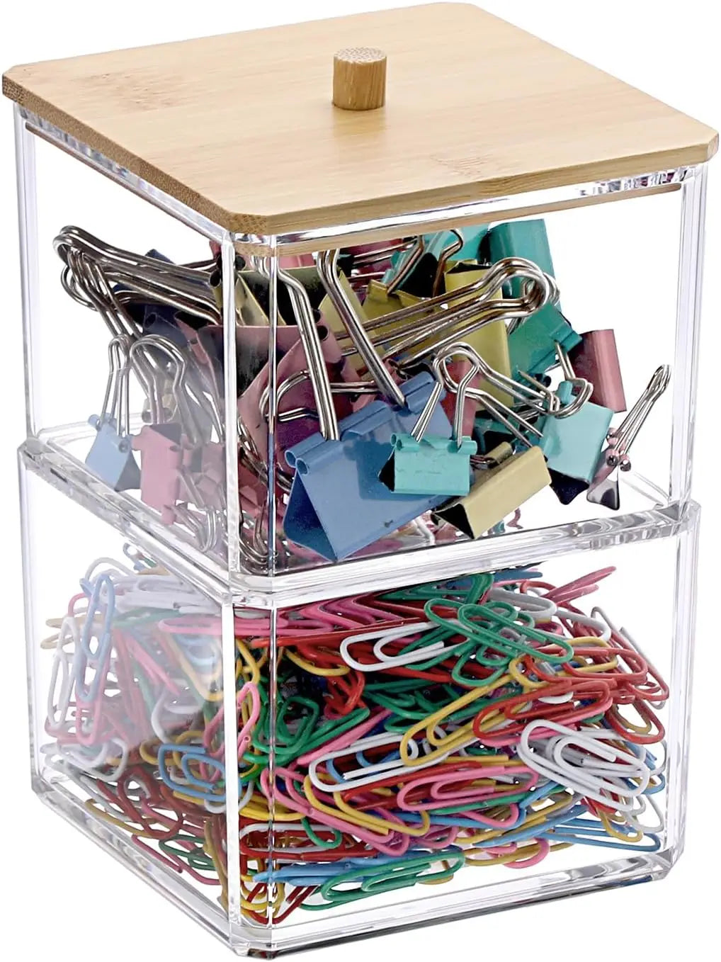 Clear stackable paper clip holder Bamboo cover 2-layer paper clip box