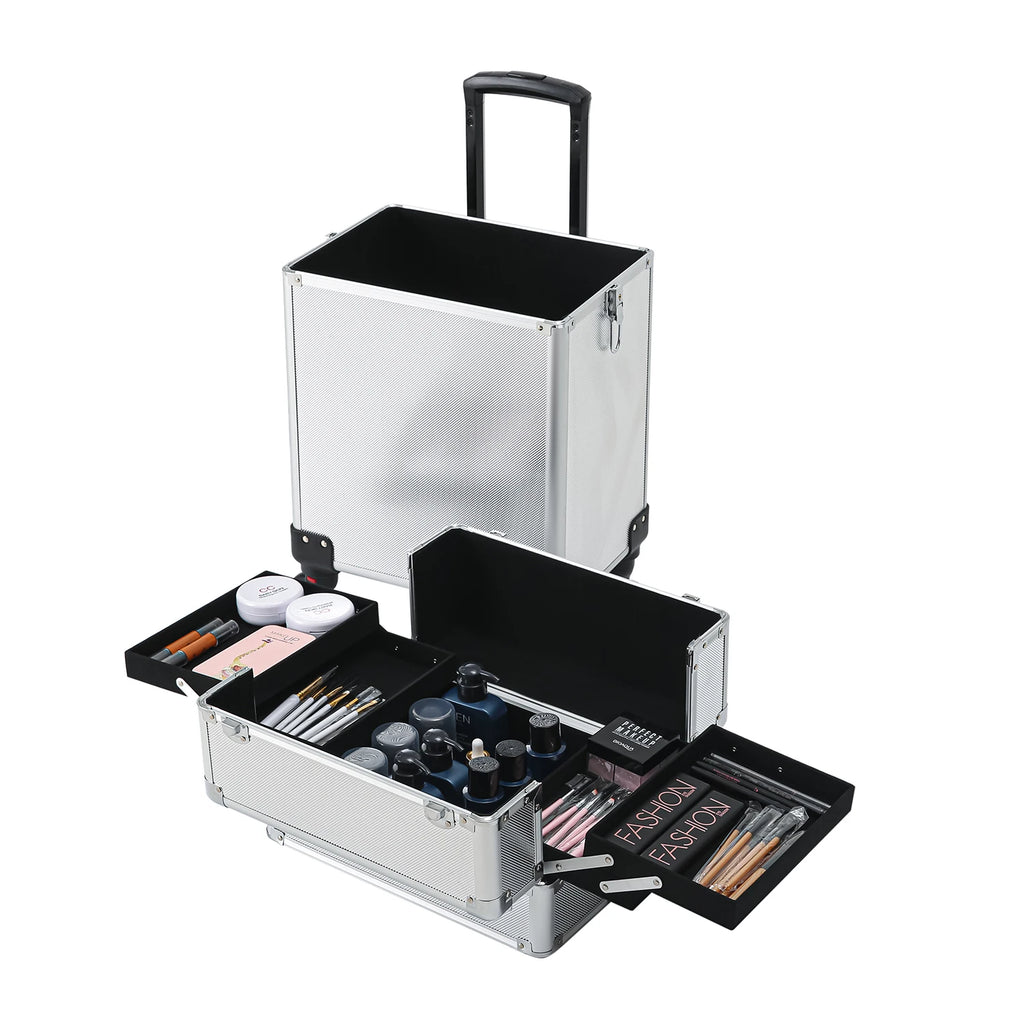 4-in-1 Draw-bar Style Interchangeable Aluminum Rolling Makeup Case