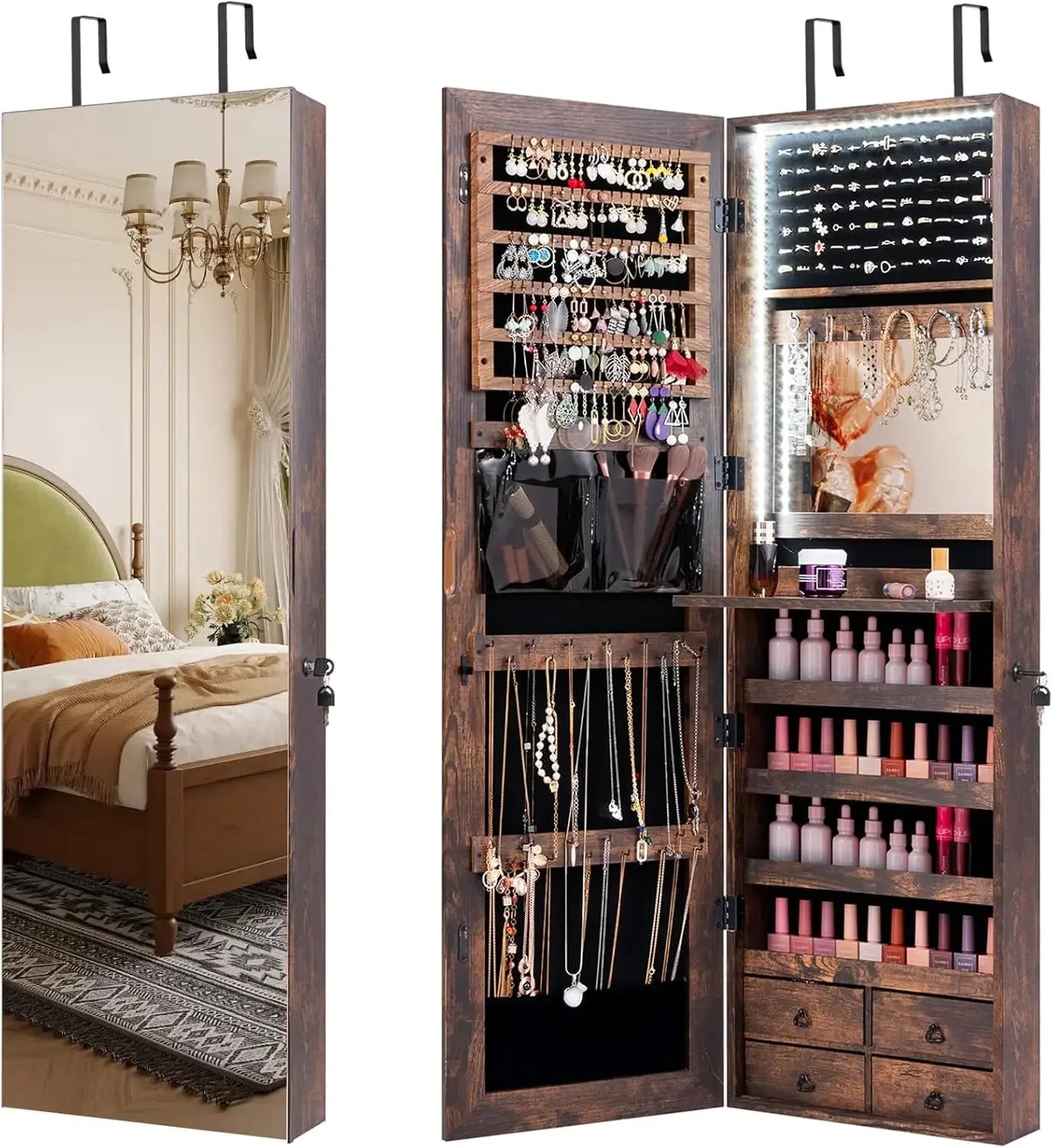 LED Strip Jewelry Armoire with 47.2" H Full Length Mirror