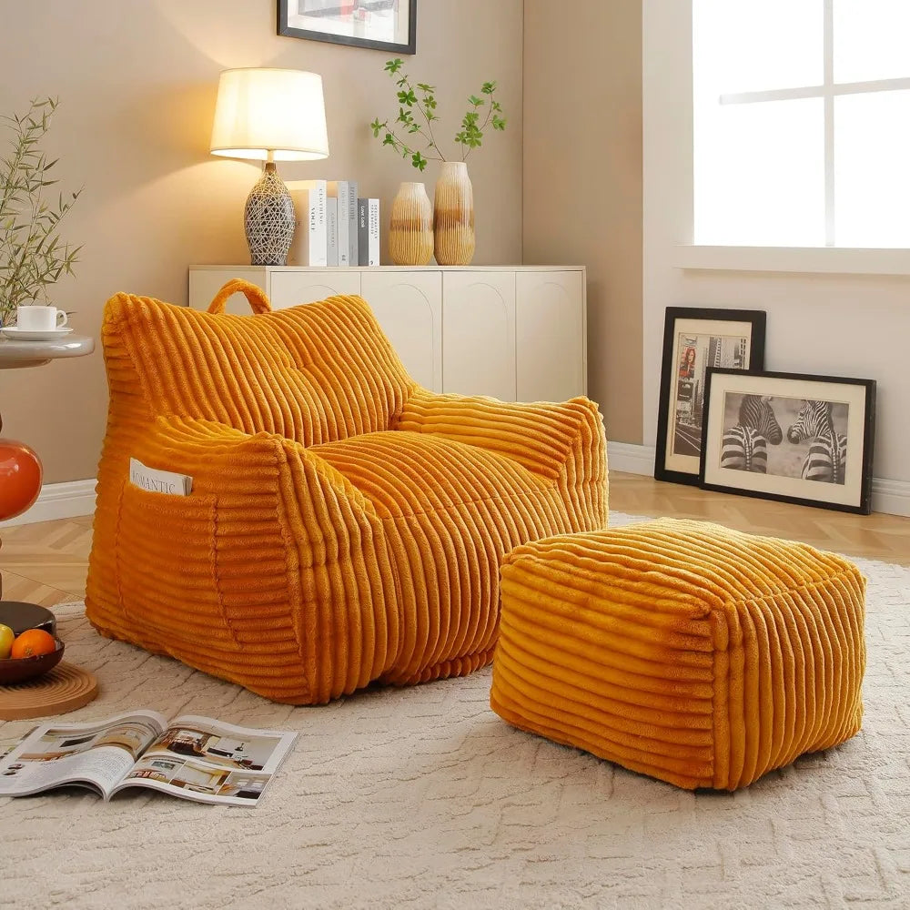 Corduroy Bean Bag Chair with Ottoman Comfy Floor Sofa for Reading