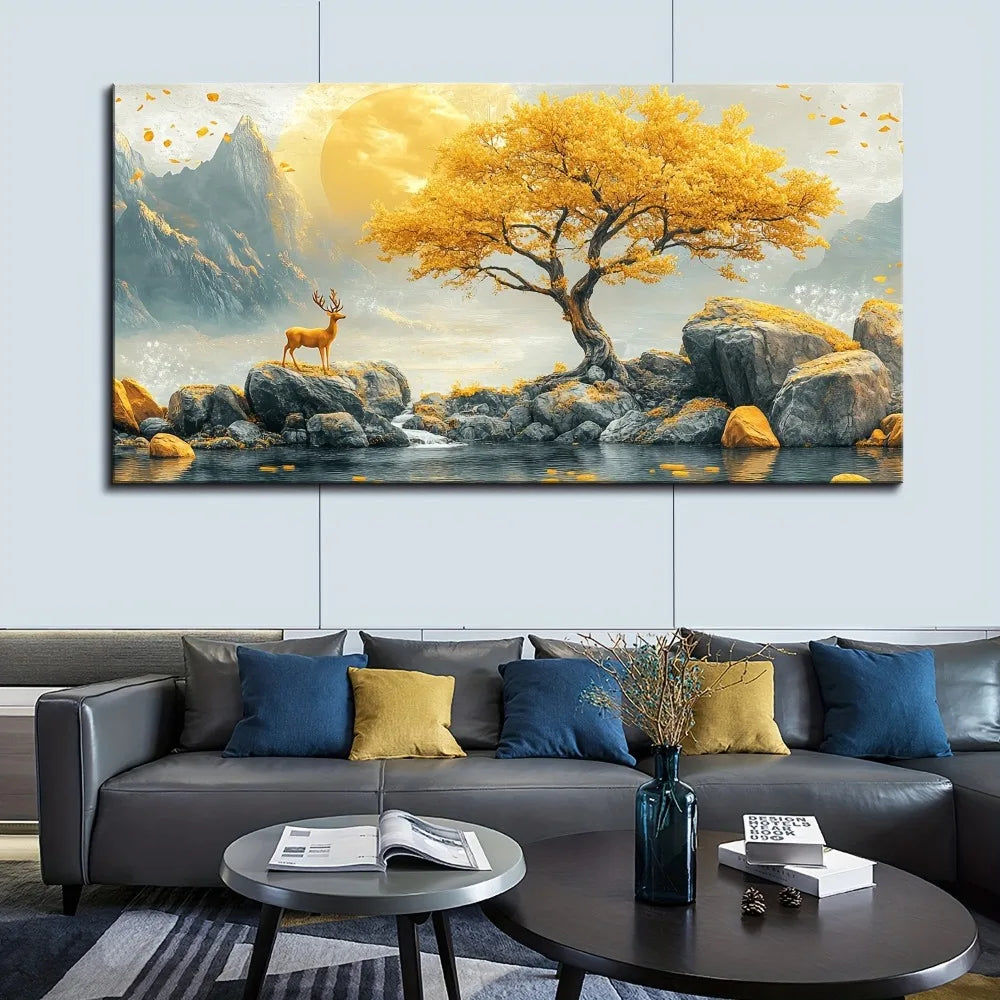 thick,thick pine solid wood frame abstract yellow tree stone painting