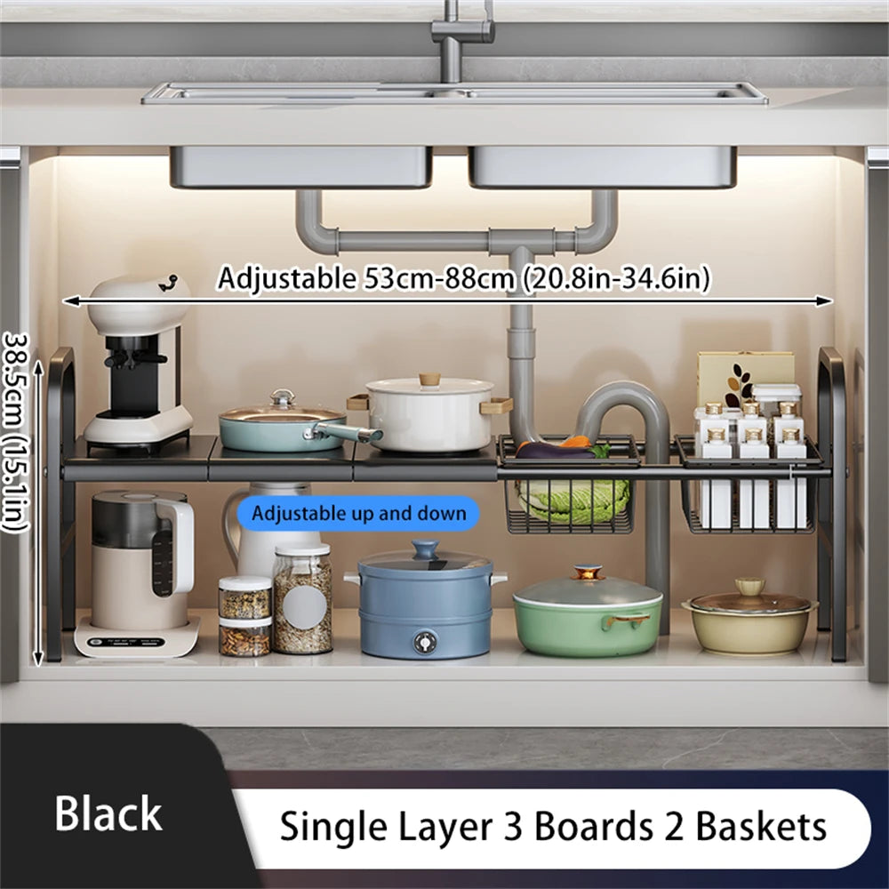 Expandable Cabinet Shelf Organizer Storage Rack With Removable Baskets