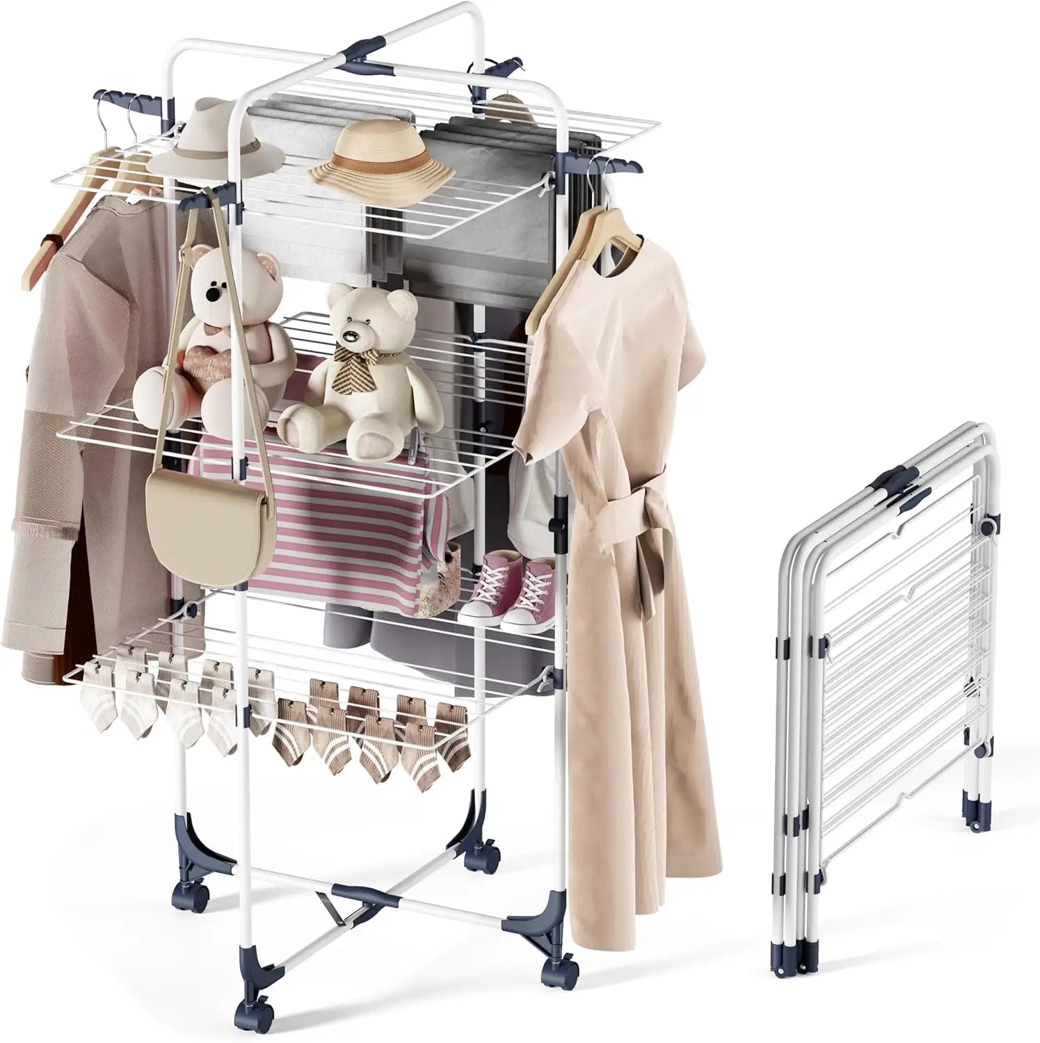 Clothes Drying Rack with Wheels and 4 Hooks Indoor-Outdoor Use