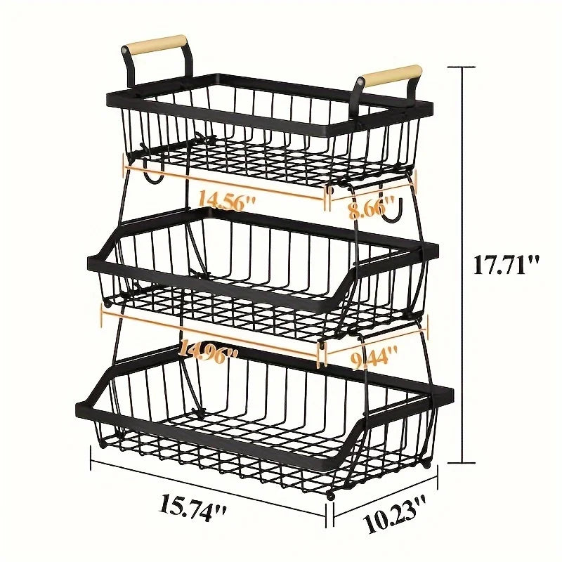 3-Tier countertop fruit basket with 2 banana hooks, removable metal device, wooden handle