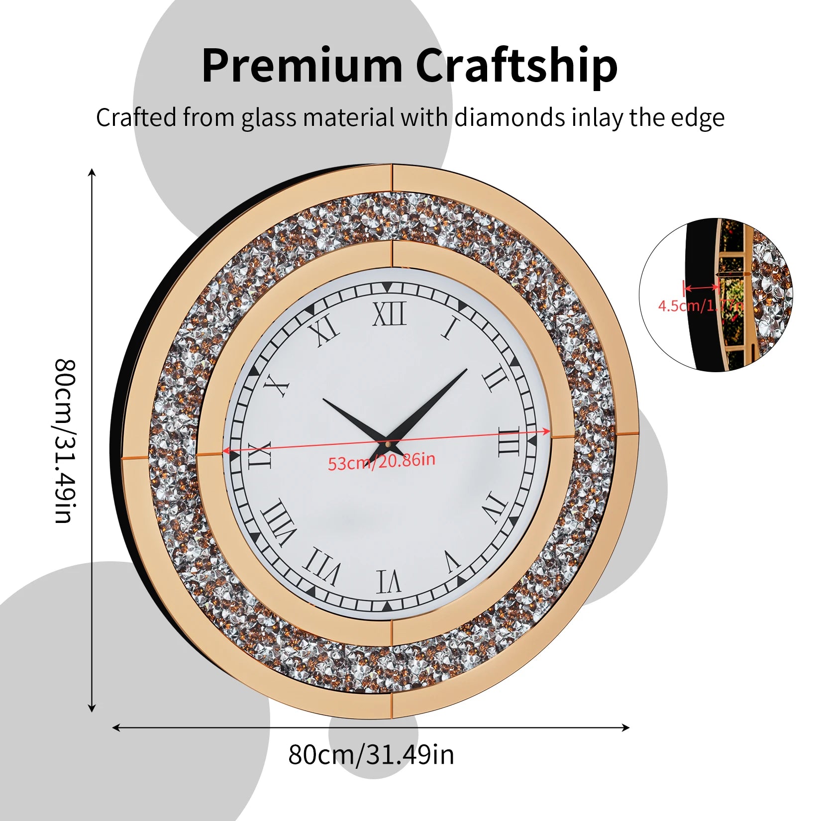 Bling Silver Round Mirror Clock Glam Sparkle Twinkle Shining