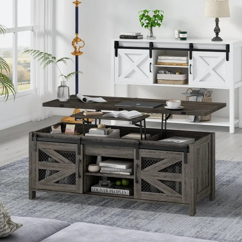 4 in 1 Farmhouse Coffee Table with Sliding Barn Doors
