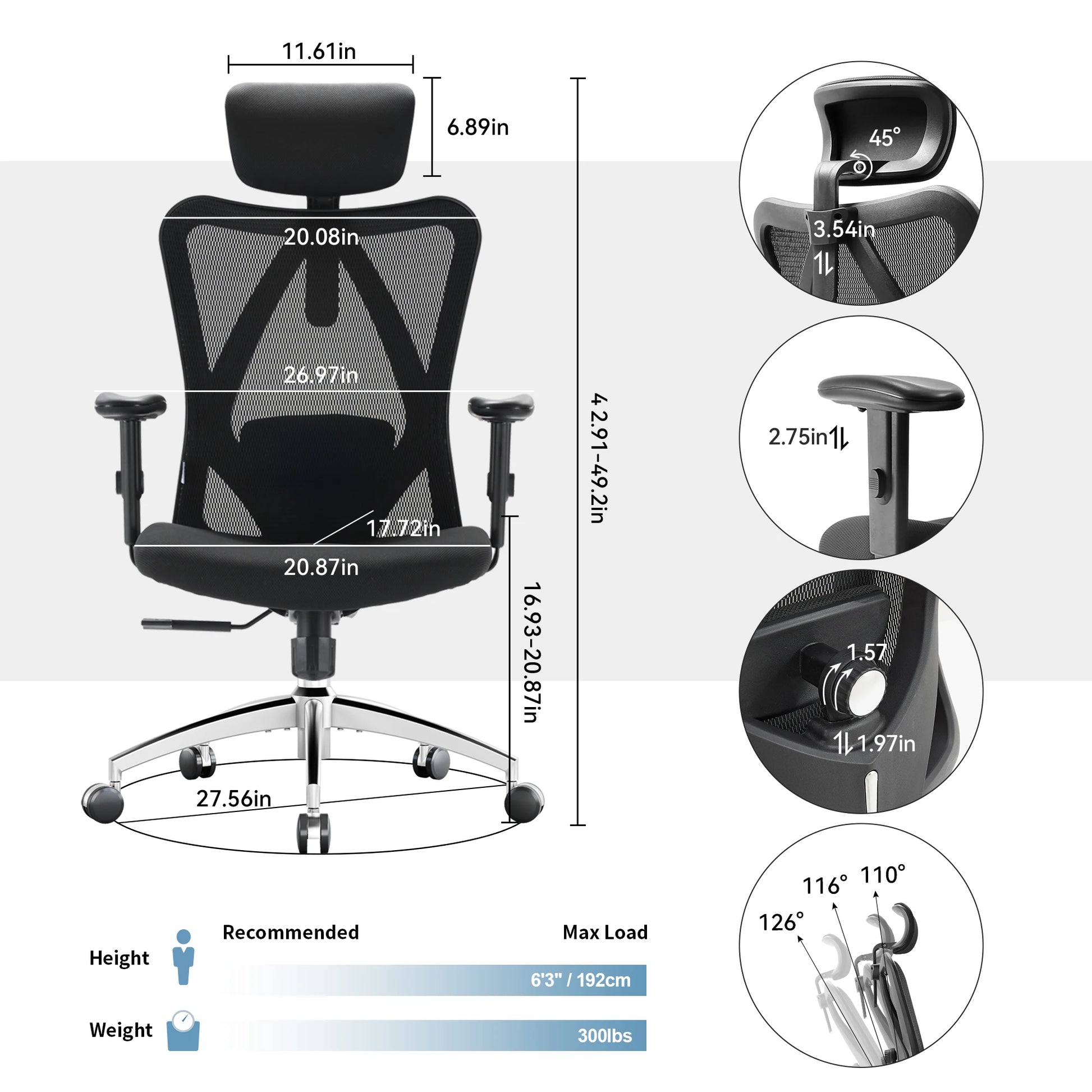 Ergonomic Office Chair Adjustable Headrest 2D Armrests Lumbar Support