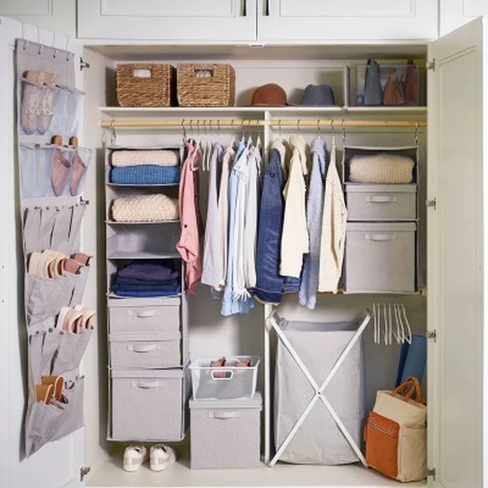 Hanging Fabric Storage Organizer with 3 Shelves Accessory Hooks