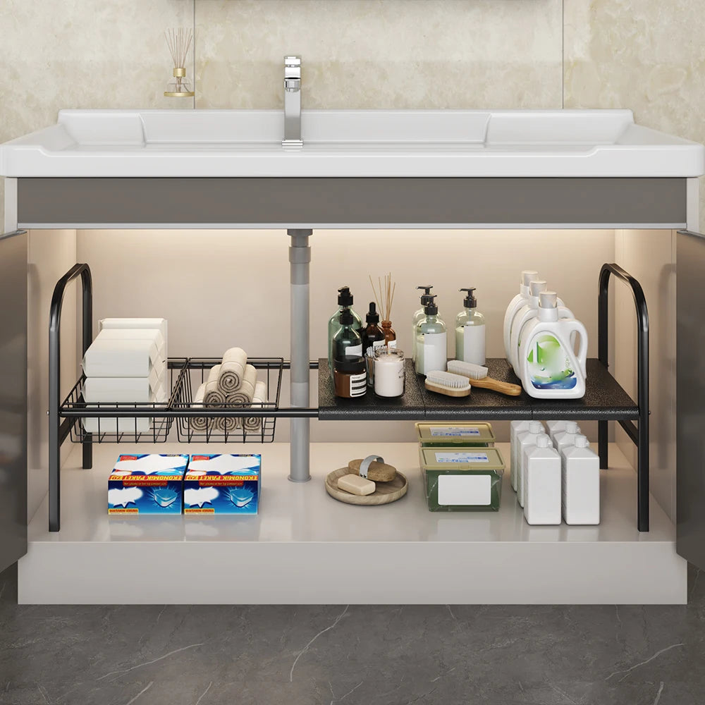 Expandable Cabinet Shelf Organizer Storage Rack With Removable Baskets