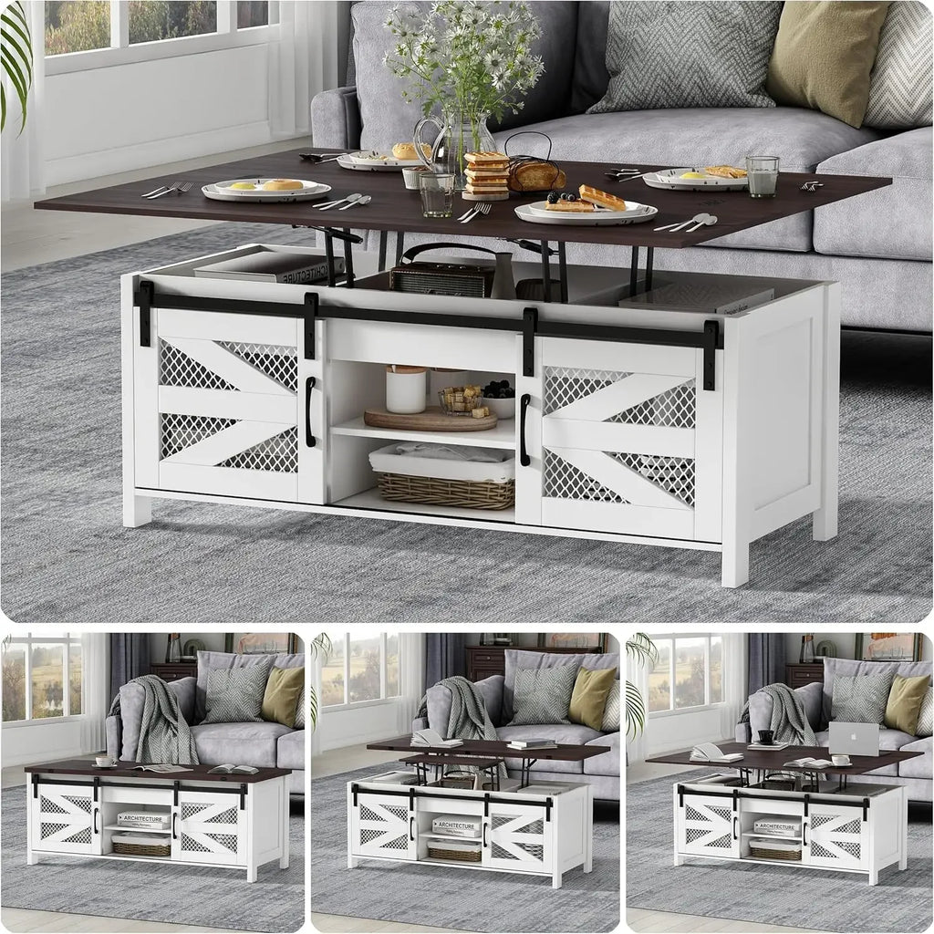 4 in 1 Farmhouse Coffee Table with Sliding Barn Doors