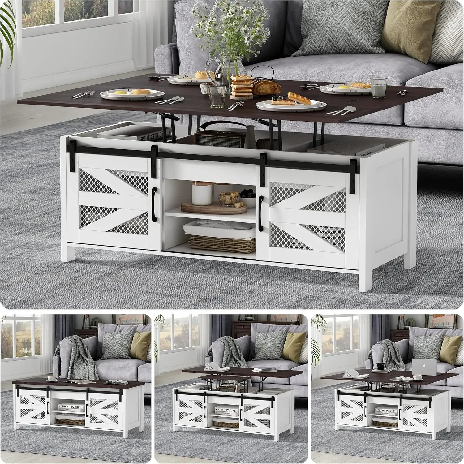 4 in 1 Farmhouse Coffee Table with Sliding Barn Doors